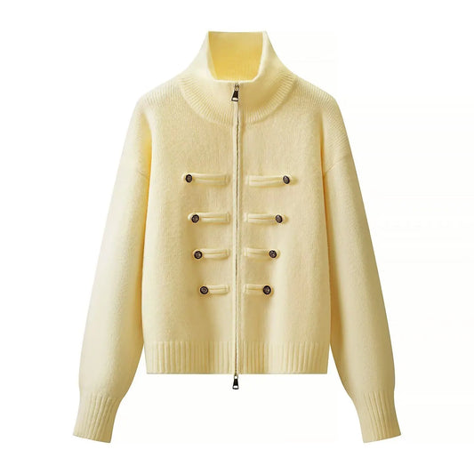 Women's Vintage Knit Cardigan Sweater Jacket Stand Collar Double Breaste Two Way Zipper Loose Street Coat Autumn Winter