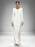 Beaded Feather Formal Evening Dress Apricot Long Sleeves Slim fit Women's Gowns Elegant Wedding Party Dress