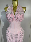 Elegant Evening Party Prom Gown Birthday Dress Women Shining Rhinestones Sexy White/Pink Mesh Halter Bodycon Long Bandage Dress