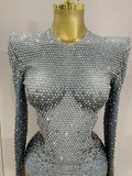 Sparkle Silver Rhinestones Long Sleeve Stretch Bodysuits 2025 New Women Evening Luxury Birthday Party Sexy Nightclub Stage Costu