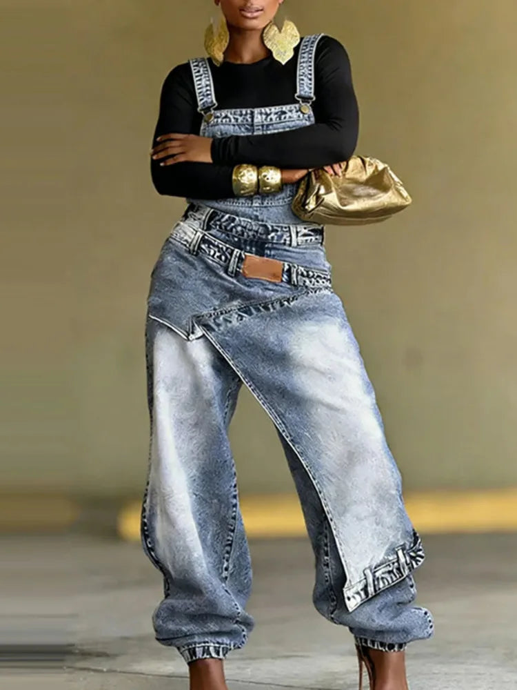 Women Baggy Jeans Overalls Wide Leg Irregular Wrap Washed Streetwear Chic Pocket Casual Autumn