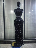 Red Black Women Sexy Halter Off the Shoulder Sparkly Crystal Velvet Bodycon Gowns Dress Celebrate Evening Party Red Carpet Wear