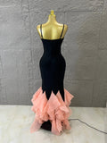 Elegant Bandage Mermaid Dress with Nude Mesh V-Neck and Pink Tulle Ruffle Bottom for Prom Formal Dinner Event Outfit