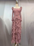 Wedding Guest Pink Square Collar Lace Maxi Dress for Women Corset Bodice Long Sleeve Tiered Ruffle Skirt for Luxury Dinner