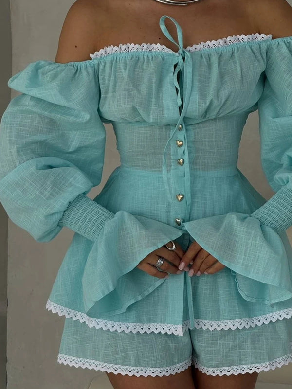 Two Piece Set for Women Square Collar Lantern Sleeve Patchwork Lace Up Slim Top High Waist Shorts Sheer Suit Female