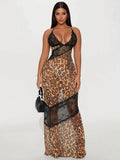 Mesh Patchwork Mermaid Dress Women Leopard Print Sexy Low-Neck Cleavage Backless Ruched Midnight Fashion Long Bodycon