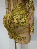 Women Sexy Long Sleeve Gold Rhinestone Dress Luxury Birthday Party Costume Bar Nightclub Celebrity Stage Performance Outfit