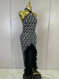 Luxury Sparkly Diamonds Feathers Black Halter Asymmetry Long Dress Women Sexy Sleeveless Backless Evening Party Birthday Dresses