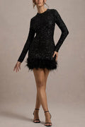 Solid Spliced Sequines Slimming Dresses for Women O Neck Long Sleeve Temperament Dress Female Fashion New