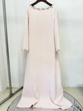 Loose Solid Crystal Bead Elegant Chic Dresses For Women Round Neck Long Sleeve Solid Long Maxi Dress Female
