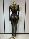 Luxury Rhinestones Mesh Bodycon Long Dress Celebrate Birthday Party Photo Shoot Long Sleeve Performance Costume Stage Outfit
