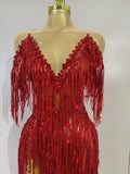 Sexy Sparkly Red Diamonds Tassel Mesh See Through Long Dress Women Eveing Birthday Party Nightclub Singer Stage PhotoShoot Wear