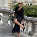 Sexy V-neck Polka Dot Long Dress Women Middle Sleeve Waist-cinching Slit Maxi Dresses Female Summer Chic Evening Party Dresses