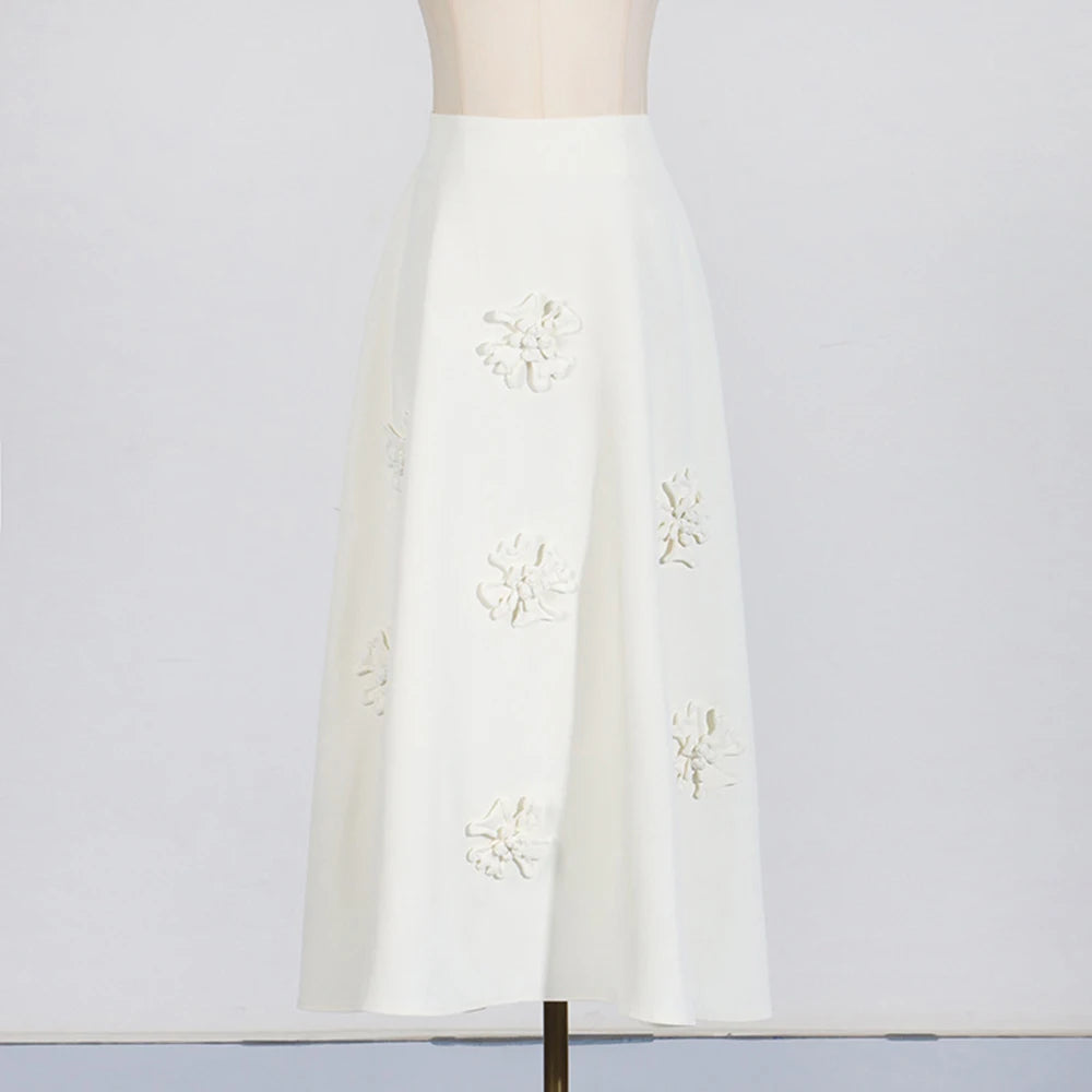 Solid Color Spliced Appliques Elegant A-line Skirt White Pink Mid-length For Women High Waist Skirt Female
