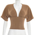 Sexy Deep V-Neck High-Waisted Spliced T-Shirt Women Fashion Solid Waist Shaping Short Sleeves Top Summer Street T-Shirt