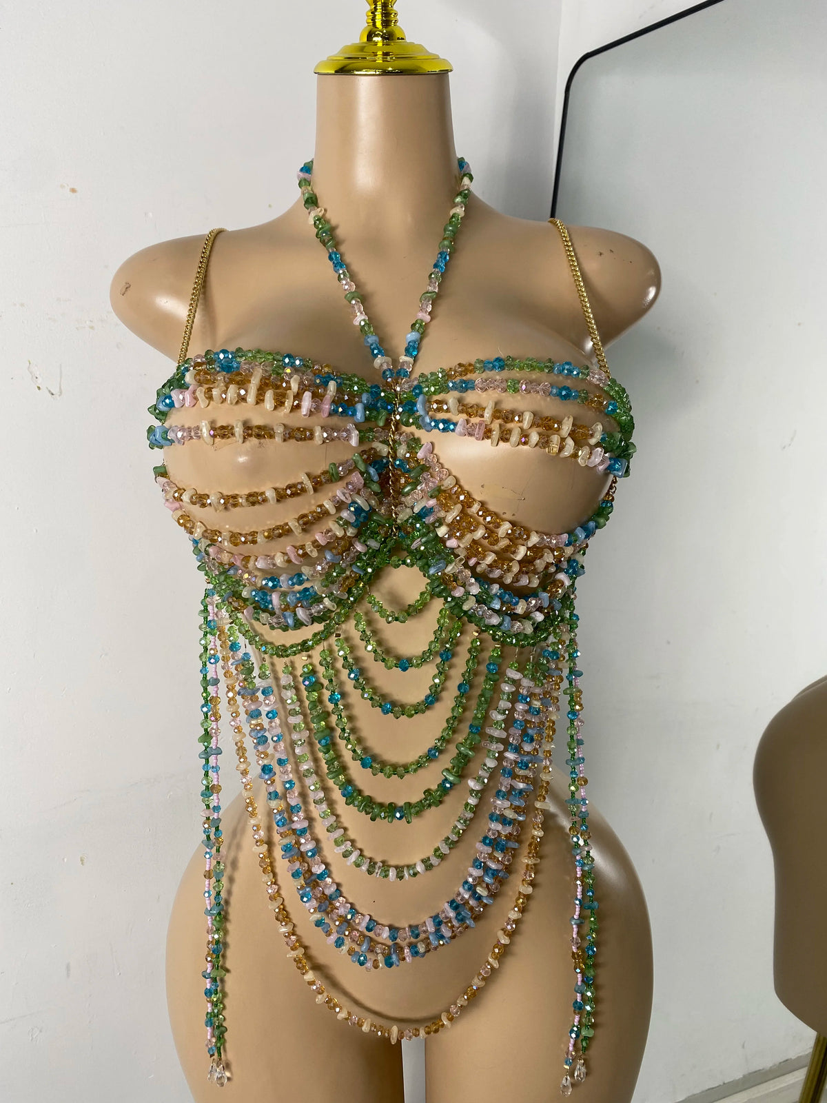 Crystal Rhinestone Tassel Body Chain Harness Bra for Women Multi-layer Shiny Gemstone Body Jewelry Sexy Halter Neck Bikini Chest