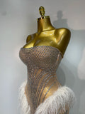 Women Sexy Strapless Sparkly Diamonds Tassel Mesh See Through Dress Celebrate Birthday Evening Party Nightclub Stage Costume