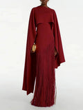 Elegant Luxury Dinners Red Maxi Dress for Women Sleeveless Cape Design Full Fringe Skirt for Fashion Parties Events