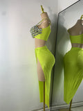 Sparkly Rhinestone Diamonds High Split Two Pieces Women Sexy Outfit Night Club Skirt Suits Dancer Singer Performance Costume