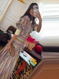 Boho Colorful Stripe Midi Skirt Set Turn Down Collar Single Breasted Long Sleeve Shirt Fitted Waist Flowy Women Skirts Outfits