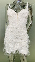 White Sequined Beaded Feather Glam V-Neck Suspender Dress Fashion Hot Party Stage Performance Dress Vestidos Para Festas De Luxo