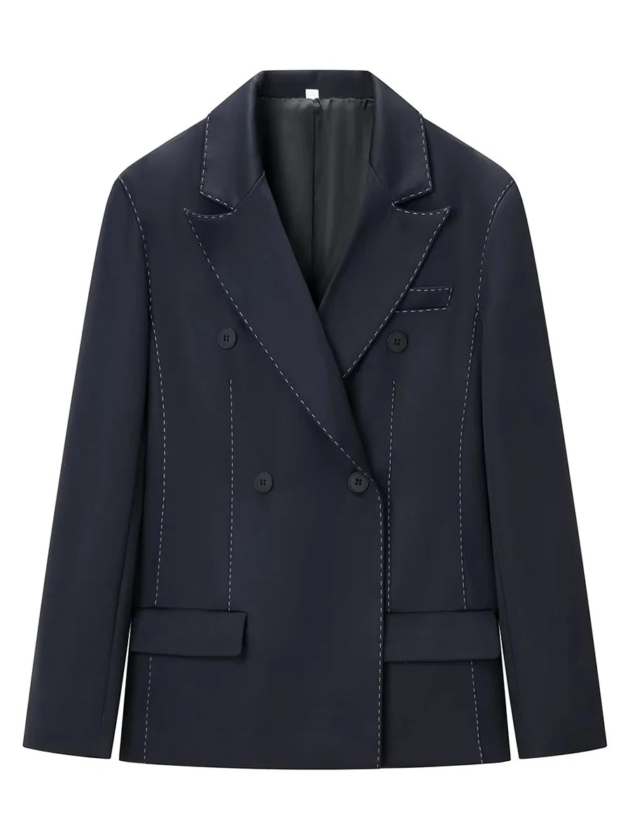 Navy Business Meetings Women's White Topstitch Trim Blazers Double Breasted Design Lapel Blazer for Office Commute