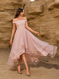 Sexy Shoulder Bared Formal Evening Gown with Asymmetrical Hem Tulle Ball Dress Glitter Birthday Party Christmas Dresses