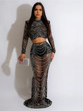 Sexy Black Rhinestone Dress Set Womens Long Sleeve Crystal Clubwear Skinny Maxi Dresses Elegant Rhinestone Birthday Dress