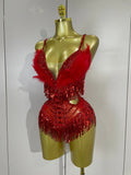 2026 New Sexy Nightclub Bar DJ Performance Dancer Stage Costume Sparkly Rhinestones Feathers Tassels Mesh See Through Bodysuits