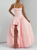 Solid Hotsweet Party Dress for Women Halter Neck Sleeveless Tunic Backless Slit Luxurious Puff Dresses Female New