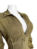 Washed Distressed Jumpsuit Women Ribbed V-Neck Solid SKinny Long Sleeve Fall Casual Trend Simple Activity Streetwear