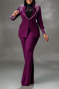 Fashion Pearl Splicing Women's Set Long Sleeve Blazer and Wide Leg Pants Suit 2024 Winter OL Fall Two 2 Piece Set Outfit