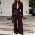Solid Office Suit for Women Deep V Neck Long Sleeve Spliced Single Button Blazer Wide Trousers Two Piece Set Female