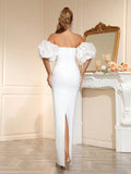 Women Sexy Strapless Diamond Maxi Long Bodycon Bandage Dress With Bubble Sleeves 2025 Elegant Evening Wedding Party Gowns