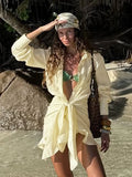 Lace Up Shirt Dress Women's Summer New Vacation Lazy Solid Lapel Bodycon Irregular Shirt Dress Female Travel Beach Dress