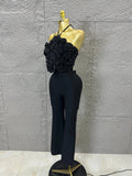 Elegant Two Piece Set Women Halter 3D Flower Crop Top High Waist Flare Pants Bandage Suit Party Casual Formal Wear