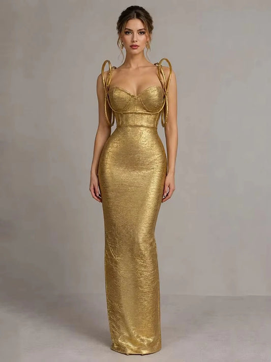 Women Sleeveless Bodycon Bandage Corset Long Dress Celebrity Elegant Gold Evening Party Luxury Birthday Dress Vestidos