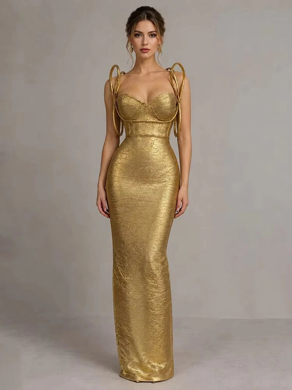 Women Sleeveless Bodycon Bandage Corset Long Dress Celebrity Elegant Gold Evening Party Luxury Birthday Dress Vestidos