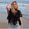 Sexy Cape Style Lace Perspective Top Women Half High Neck Short Sleeve Solid Irregular Pullover Lady Chic Casual Beach Top Cloth