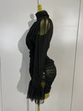 Women Evening Club Party Birthday Dresses Elegant Black High Collar Long Sleeve Solid Mesh Sexy See Through Ruffle Mini Dress