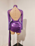 Women Sexy Mesh See Through Long Sleeves Mini Dress Luxury Sparkly Purple Diamond Birthday Evening Party Nightclub Stage Costume