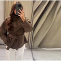 Women Suede Jacket Stand Collar Asymmetric Button Belted Waist Peplum Hem Long Sleeve Loose Retro Casual Outerwear Fashion Coat