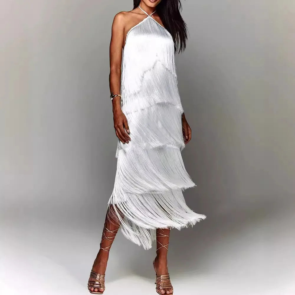 Solid Spliced Tassel Dresses for Women Halter Sleeveless High Waist Temperament Dresses Female Fashion New