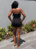 Hollow 2-Piece Set Women Tassel Bandage Low-Neck Sleeveless Backless Playsuits+Simple Leg Sleeve Midnight Sexy Suit