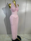 Elegant Evening Party Prom Gown Birthday Dress Women Shining Rhinestones Sexy White/Pink Mesh Halter Bodycon Long Bandage Dress