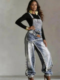 Women Denim Jumpsuit Sleeveless High Waist Baggy Rhinestone Irregular Patchwork Streetwear Party Summer