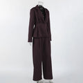 Solid Office Suit for Women Deep V Neck Long Sleeve Spliced Single Button Blazer Wide Trousers Two Piece Set Female