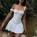 Solid Spliced Lace Up Mini Dresses for Women Square Neck Sleeveless High Waist Temperament Dress Female New