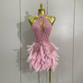 Women Sexy Celebrate Birthday Dress Luxury Rhinestones Pearls Feathers Halter Backless Short Dress Nightclub Bar Stage Costume