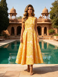 New Embroidery Elegant Yellow Midi Dresses For Women O Neck Sleeveless High Waist Temperament Female Fashion Style Dress